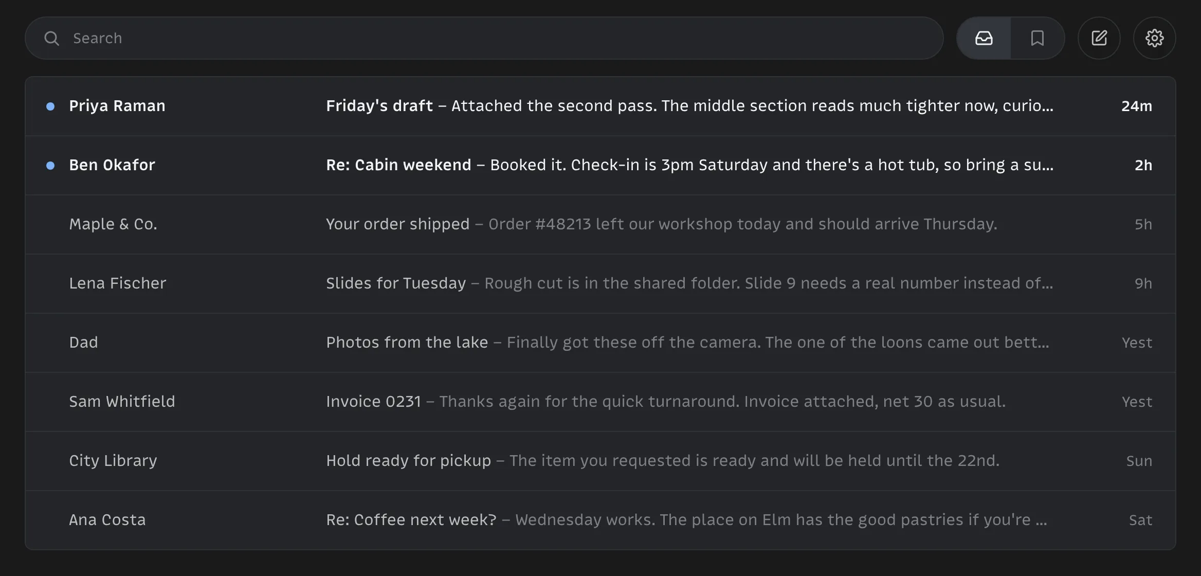 Emma on a Mac: a dark inbox with a handful of threads, a search field, and the compose and settings buttons