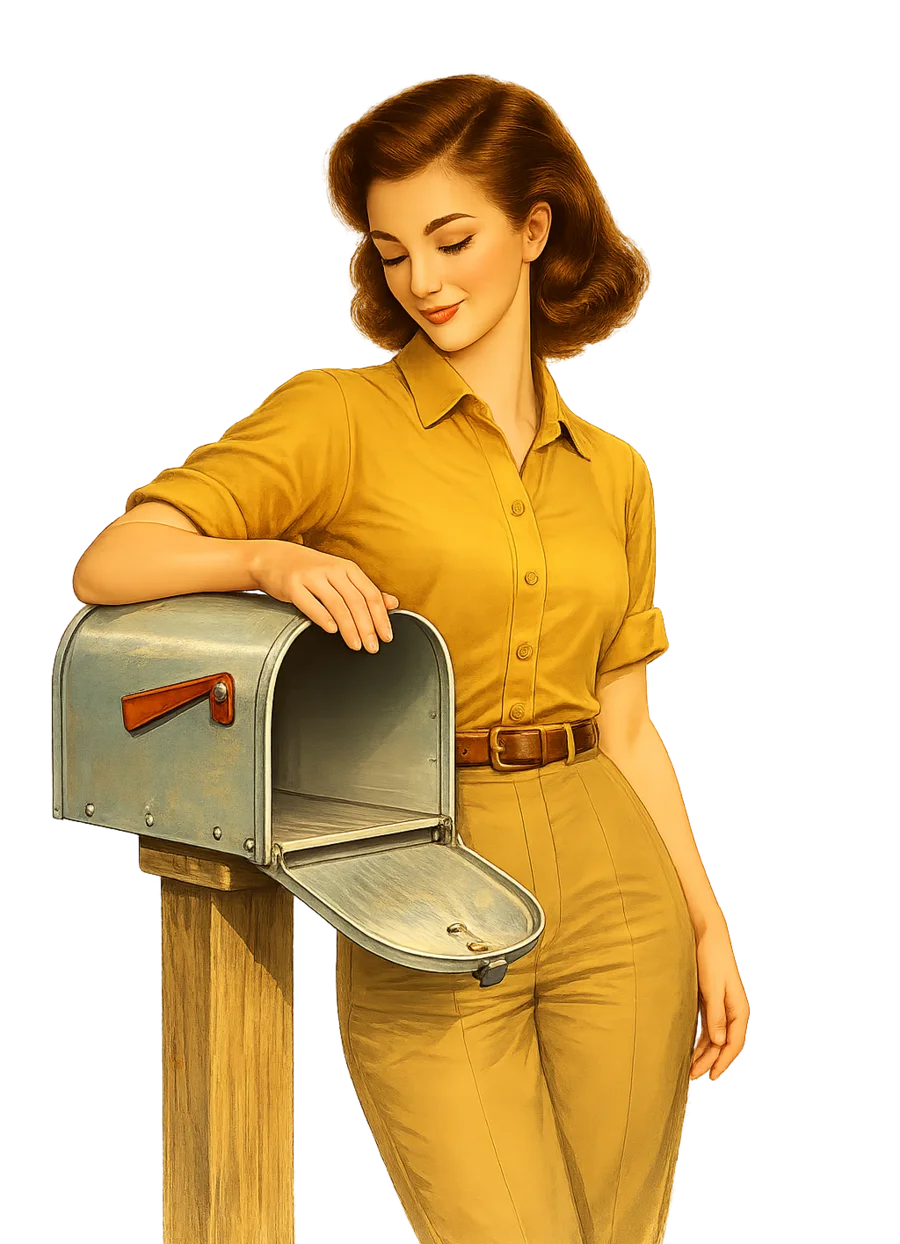 Emma, illustrated in a mid-century advertising style, leaning on an open and empty curbside mailbox