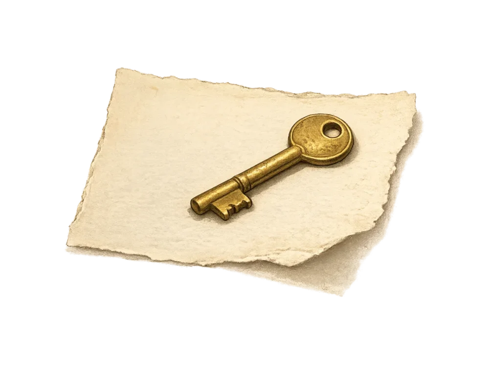 A small brass key lying across a torn slip of paper