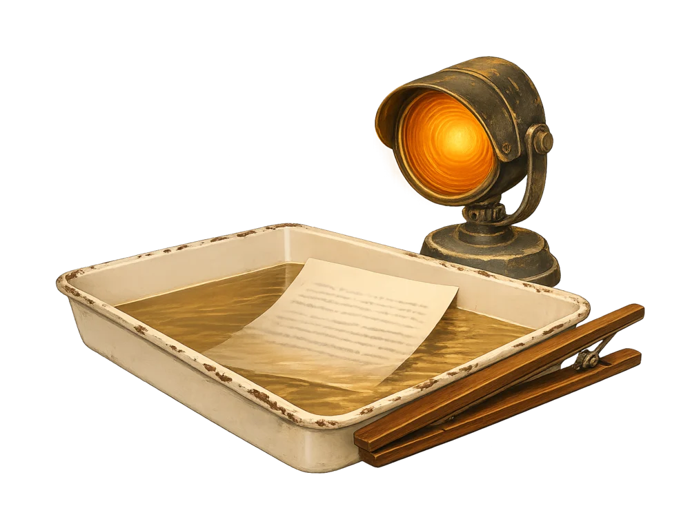 A darkroom safelight over a developing tray with a letter emerging in the bath