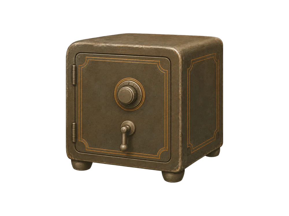 A small cast-iron floor safe with a combination dial, closed