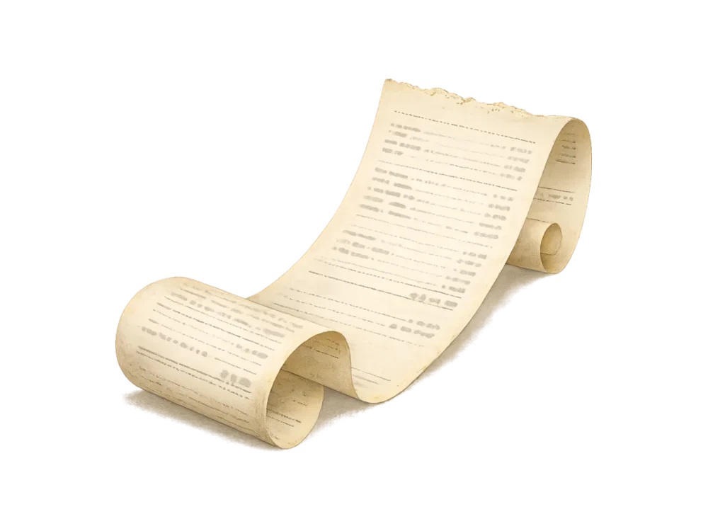 A long curling paper receipt with rows of faint printed marks