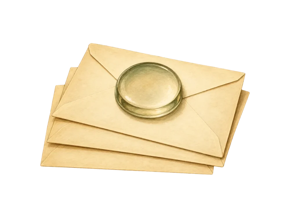 Three envelopes held down by a round glass paperweight