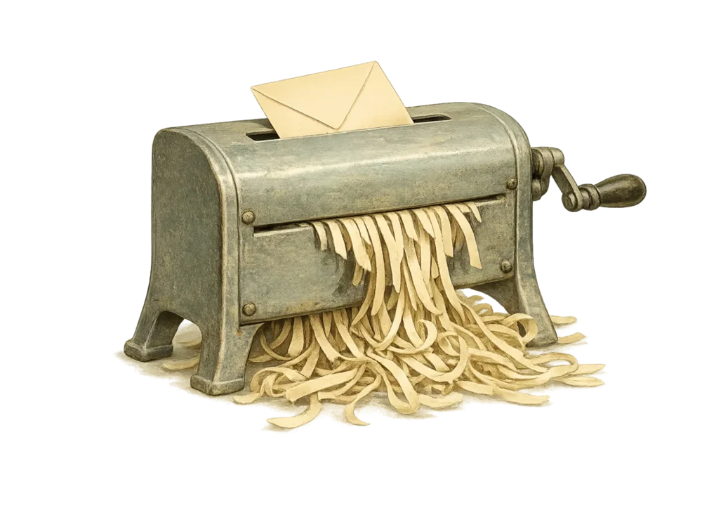 A 1950s hand-cranked paper shredder with an envelope fed into it and shredded ribbons spilling out